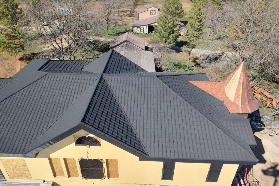 Aerial view of new roof in Collins, MO
